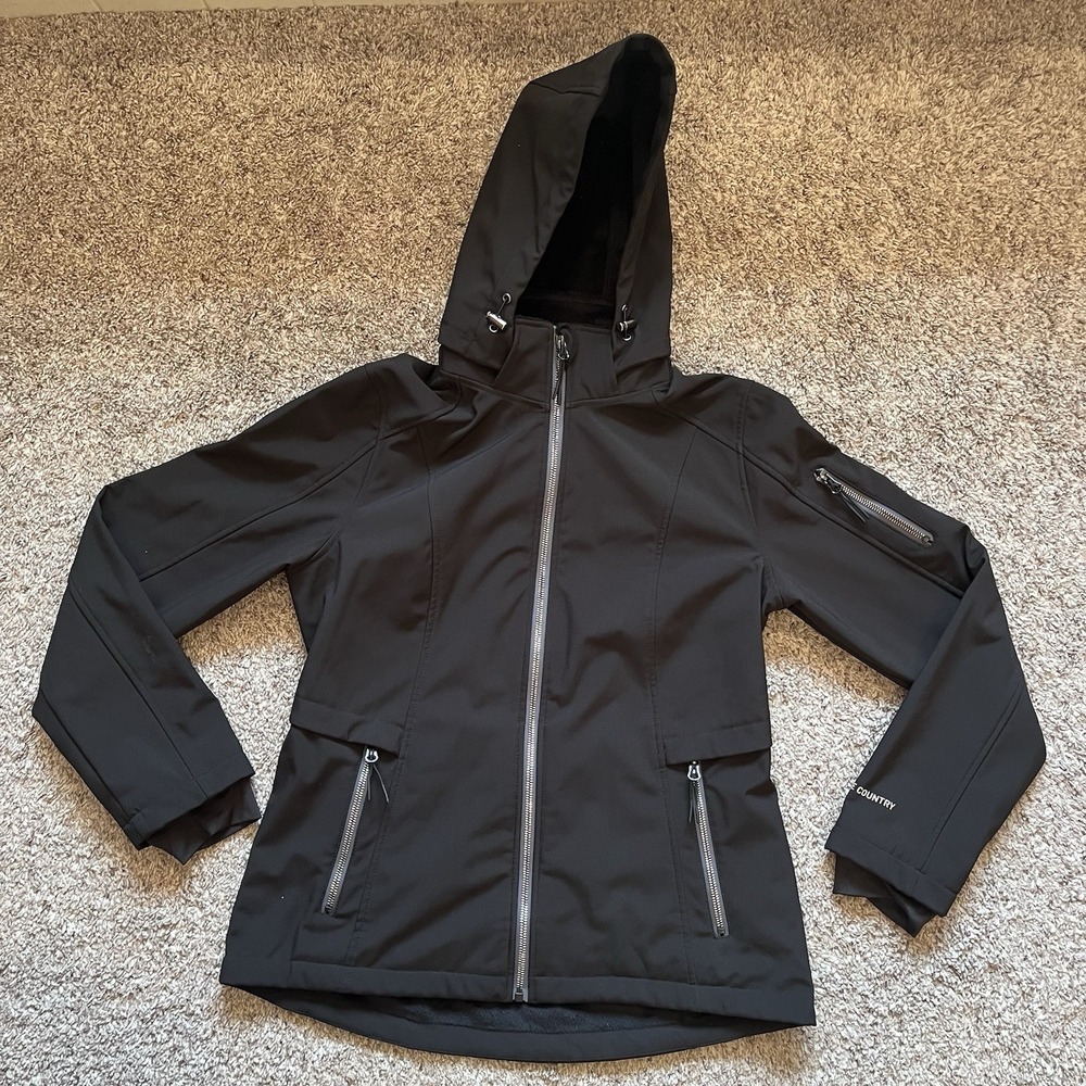 Free Country Jacket Women's Medium Soft Shell Black Hood Full Zip